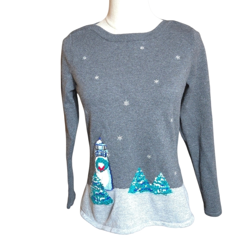 Gray Christmad Sweater with Sparkly Stars Lighthouse and Trees